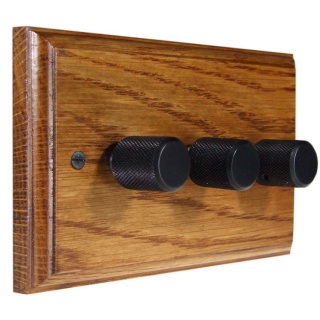 Classic Wood 3 Gang 2Way Push On/Push off 3 x 250W/VA Dimmer Switch in Medium Oak with Designer Black Retro Knob